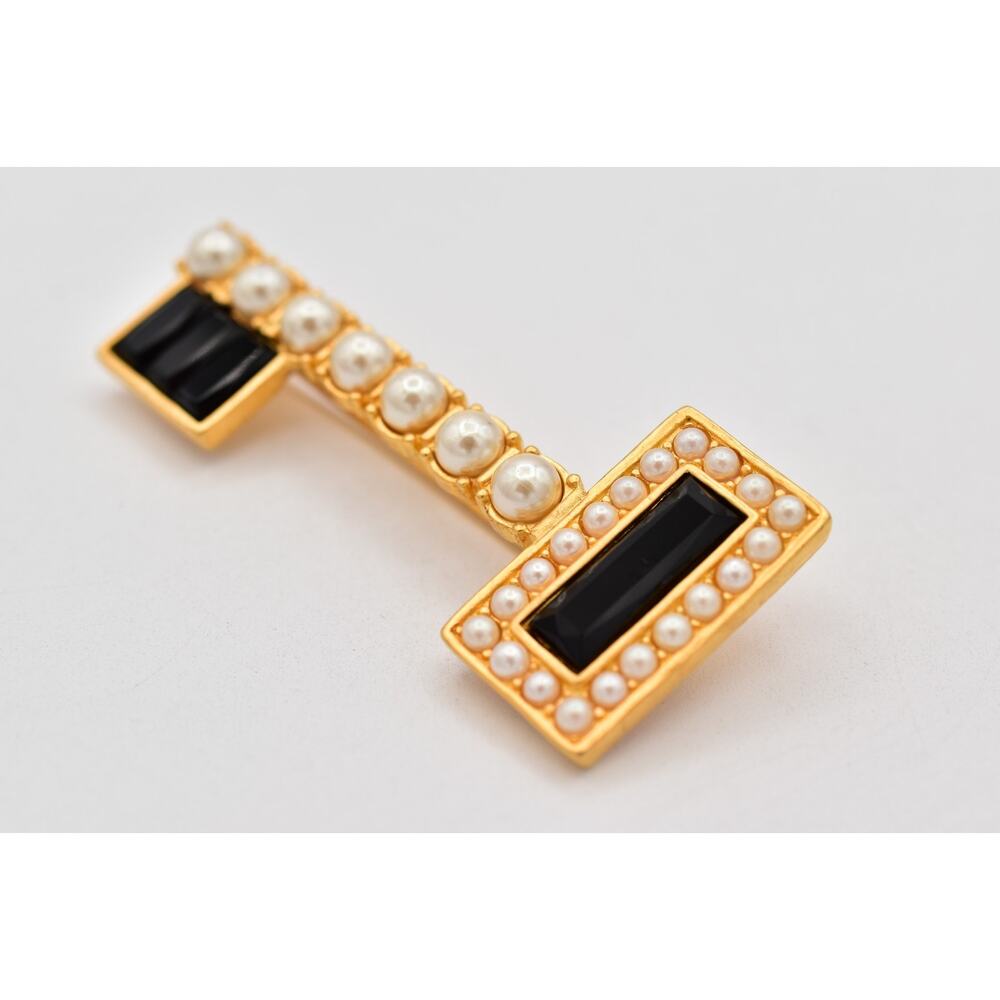 Karl Lagerfeld Vintage Key Brooch Pearl Black Crystal Gold Runway Signed Bin5B - Picture 4 of 12